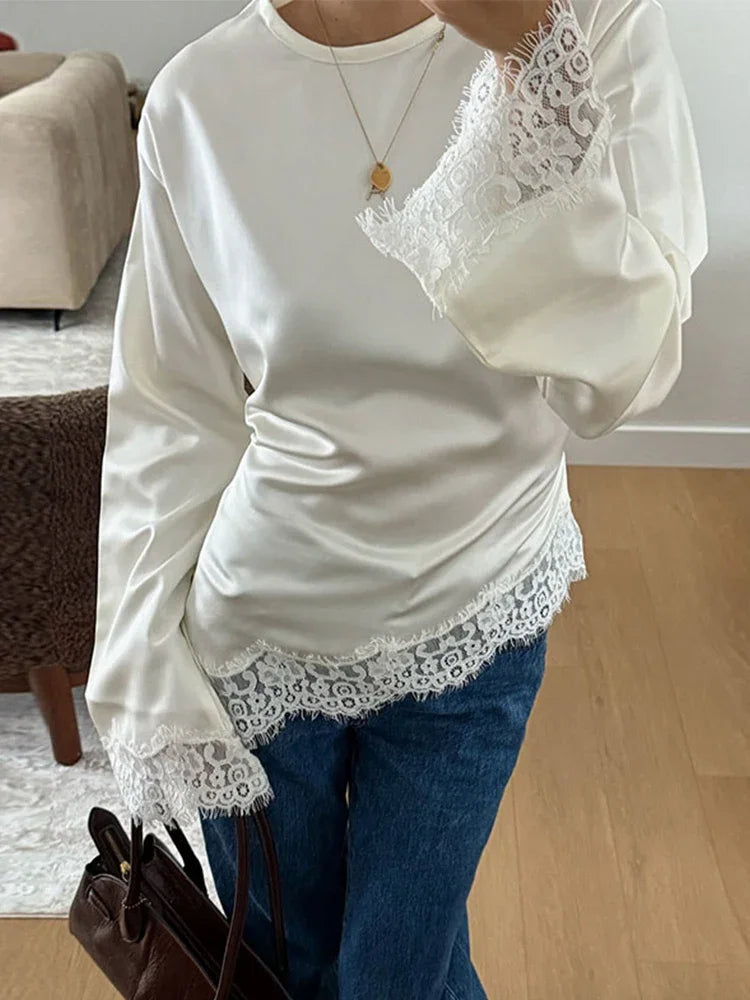 Elegant Patchwork Lace Women's Blouses Slim Lace Up O-neck Irregular Hem Female Top 2026 Spring Summer Lady All-matching Tops - Matrix-studios.com