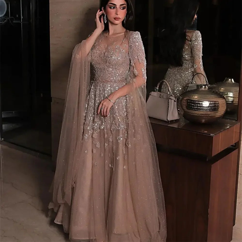 Customized Batwing Sleeves A-line Evening Dresses Shiny Tulle Sequin Applique Exquisite Prom Gown Elegant Party Dress - Matrix-studios.com