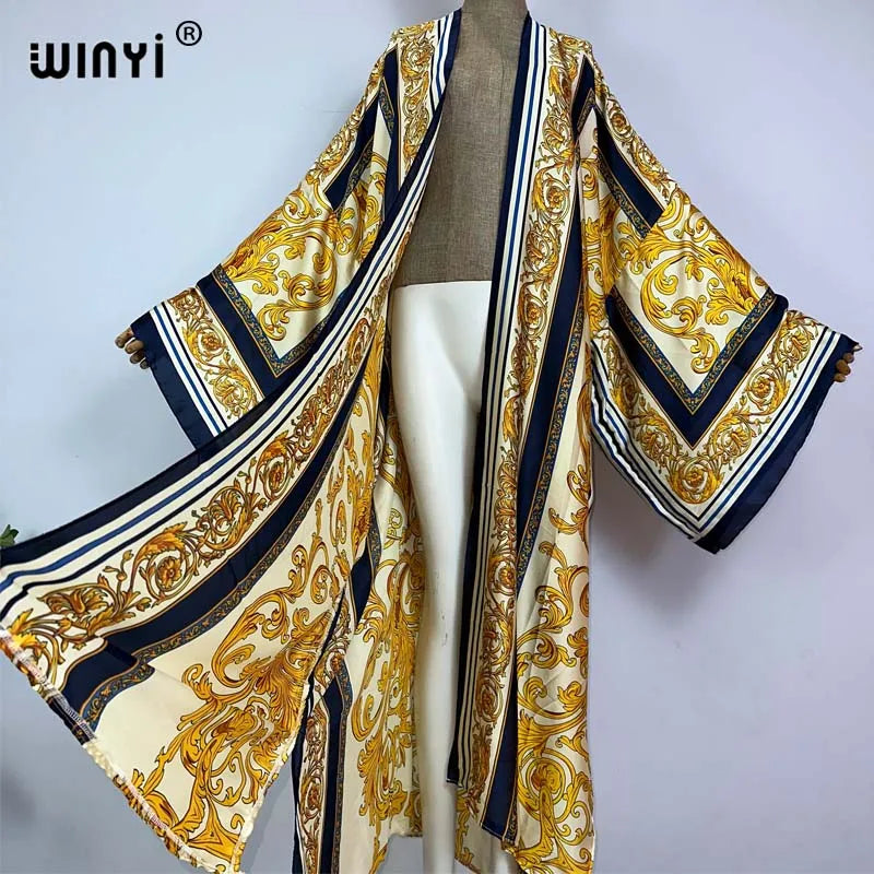 WINYI Kimono Africa Summer Boho Print Bikini Cover-up Elegant Fashion Cardigan Sexy Holiday Long Sleeve Silk Feeling Maxi Dress - Matrix Studios