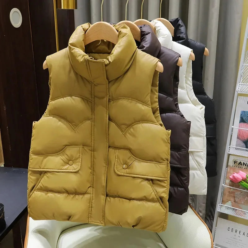 Down Cotton Vest Women 2025 New Autumn Winter Fashion Stand Collar All-Match Warm Sleeveless Waistcoat Jacket Ladies Female Tops - Matrix Studios