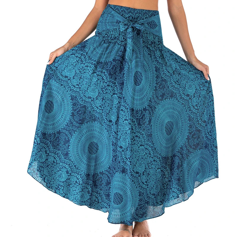 Boho Skirts Women Rayon Beach Long Dress Summer Bohemian Jupe Longue Femme Elastic Waist Print Floral Bandage Halter Hippie - Matrix Studios