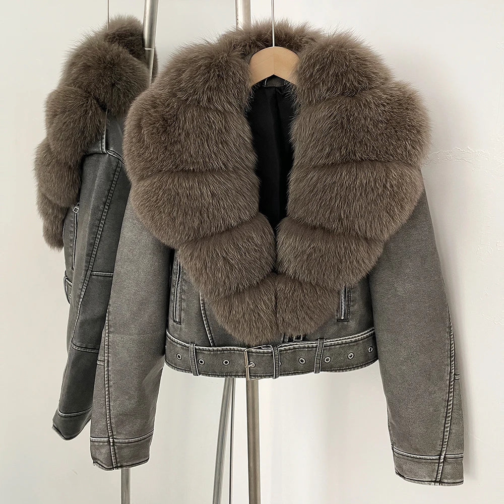OFTBUY Natural Fox Fur Faux Leather Jacket Female New Autumn Short Top Clothing Women Long Sleeve Fake Leather Real Fur Coat - Matrix Studios