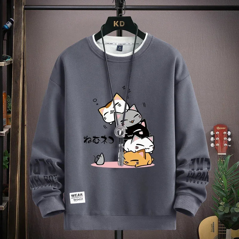 Spring Men's Sweatshirt Japan Cartoon Cats Printed Long Sleeve T-shirt Fashion Men's Clothing Khaki O Neck Harajuku Top 2024 New - Matrix Studios