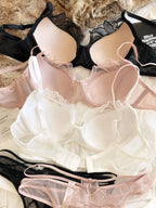 Sexy Women Lace Flowers Embroidery Underwear French Thin Cup Push Up Bra Set Hollow Temptation Waist Bandage Thongs Lingerie Set - Matrix-studios.com