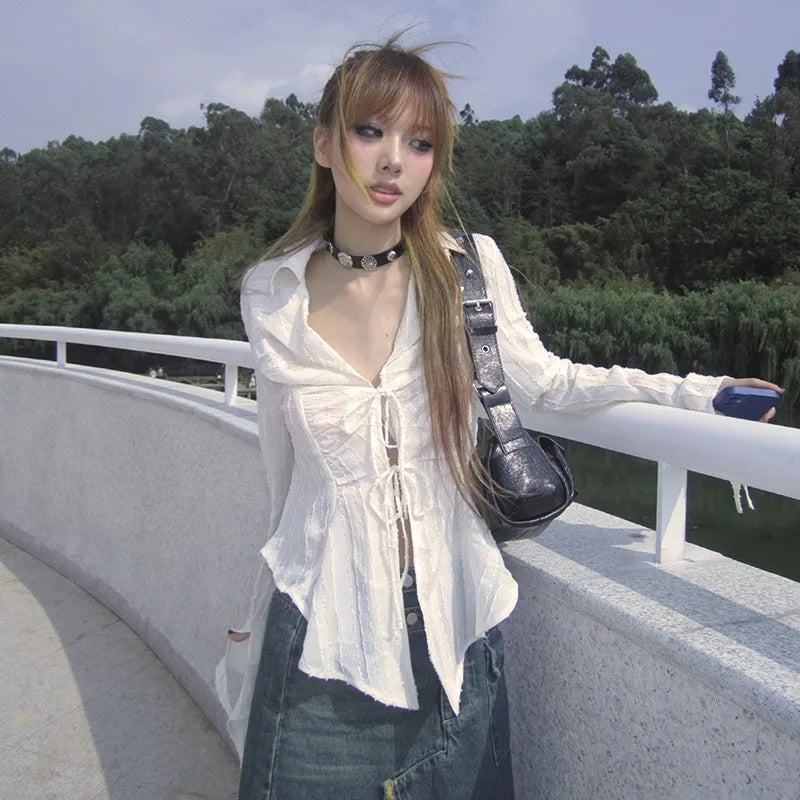 Karrram Y2k Aesthetics Pleated Shirt Fairycore Lace Up Blouse Trashy 2000s Style V-neck Shirt Irregular Japanese Harajuku 90s - Matrix-studios.com