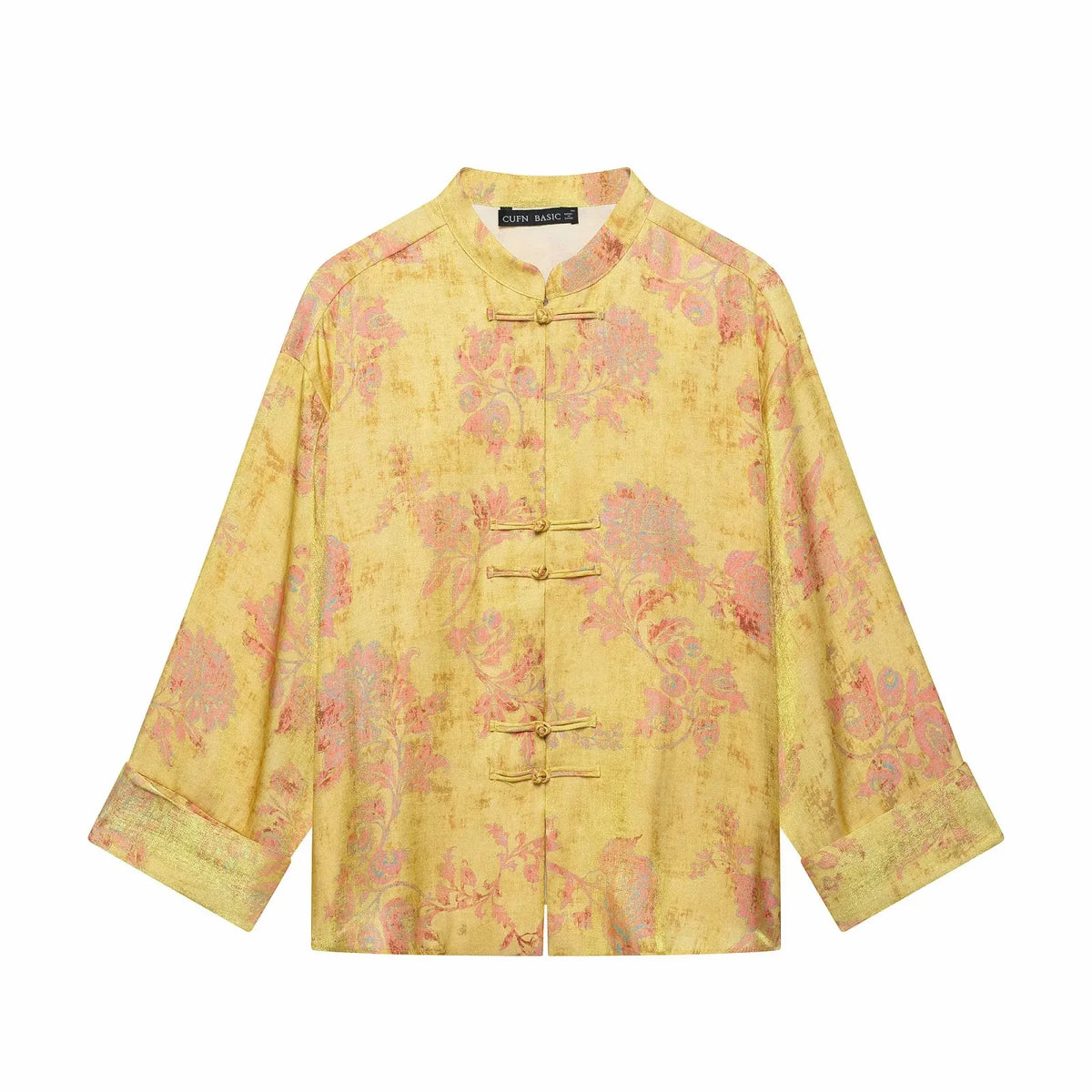 Women Yellow Floral Printing 2-Piece Set Women Stand Collar Long Sleeve Shirt + High Waist Wide Leg Pants Loose Lady Suit