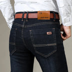 Autumn Classic Men's Fitted Stretch Jeans Business Casual Cotton Denim Straight Leg Pants Male Black Blue Trousers - Matrix Studios