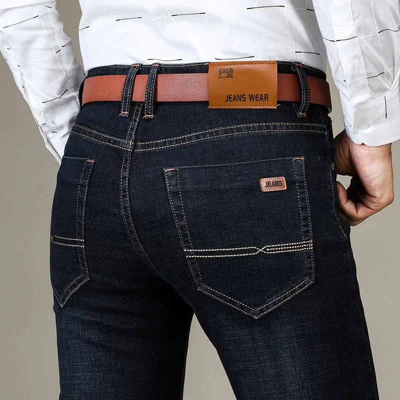 Autumn Classic Men's Fitted Stretch Jeans Business Casual Cotton Denim Straight Leg Pants Male Black Blue Trousers - Matrix Studios
