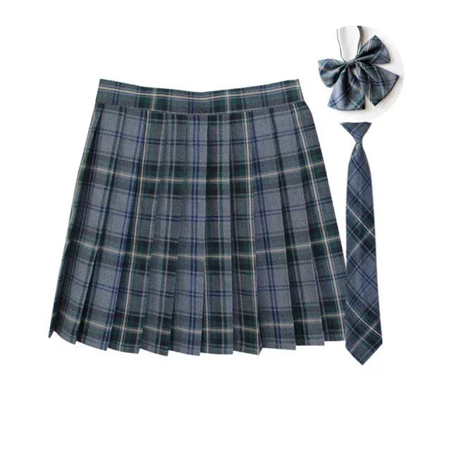 Women Summer Plaid Pleated Skirt With Necktie Bowtie Korean Jk Skirt Uniform Japanese School Preppy A Line Mini Skirts - Matrix-studios.com