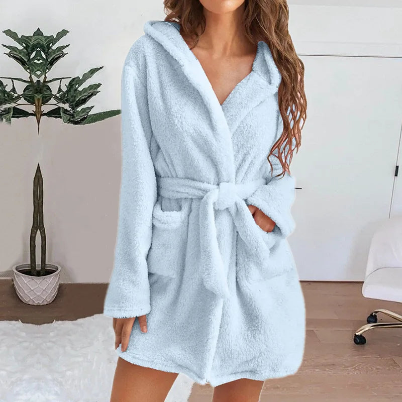 Autumn Winter Women Sexy Bath Robe Fluffy Plush Pyjamas Ladies Hooded Dressing Solid Color Gown Warm Bathrobe Female Loungewear - Matrix-studios.com