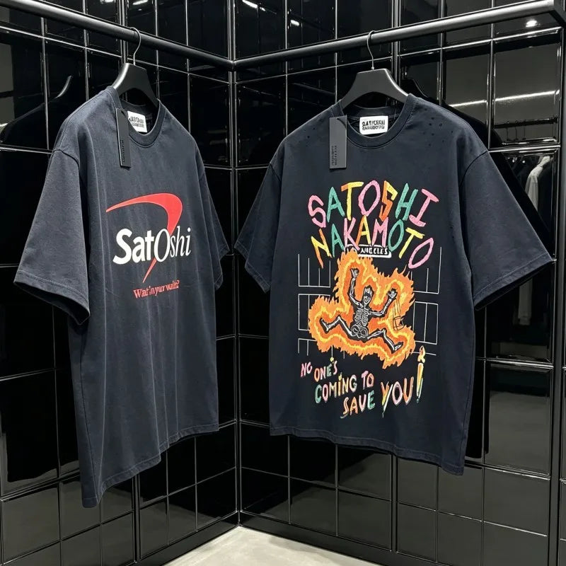 Men Women Washed Black SATOSHI Tshirts Heavy Cotton Flame Skeleton Portrait Oil Painting Colorful Graffiti Letters Short Sleeve - Matrix-studios.com
