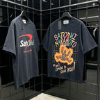 Men Women Washed Black SATOSHI Tshirts Heavy Cotton Flame Skeleton Portrait Oil Painting Colorful Graffiti Letters Short Sleeve - Matrix-studios.com