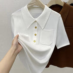 Elegant POLO Short Sleeve T Shirt Loose Pockets Design Thin Summer Blouses For Women Aesthetic Clothing - Matrix-studios.com
