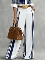 Yeezzi Women Formal Fashion Matching Set Contrast Color Striped Long Sleeve Lapel Blouse Wide Leg Full Length Pants 2 Piece Sets - Matrix-studios.com