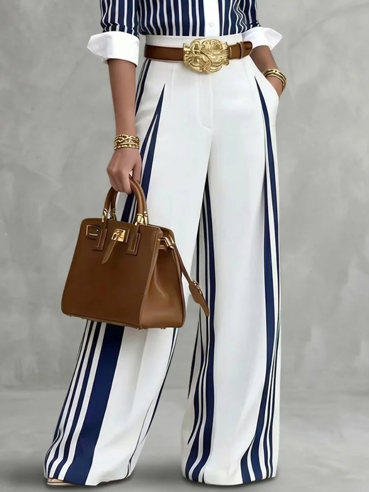 Yeezzi Women Formal Fashion Matching Set Contrast Color Striped Long Sleeve Lapel Blouse Wide Leg Full Length Pants 2 Piece Sets - Matrix-studios.com