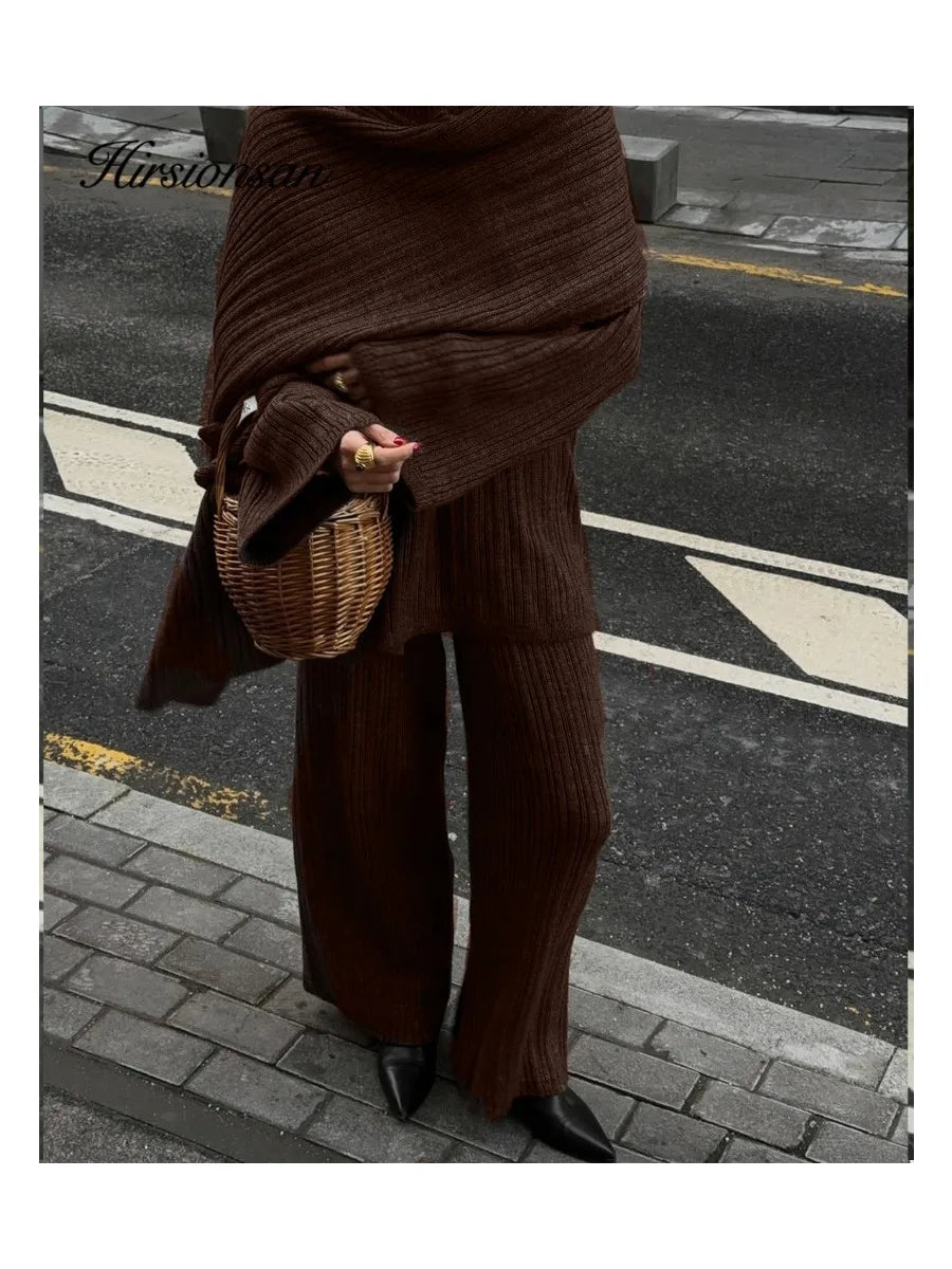 Hirsionsan Soft Elegant Vintage Women Suits 3 Pieces Female Sets O Neck Sweater & Wild Leg Pants with Scarf Knitted TrackSuit - Matrix-studios.com