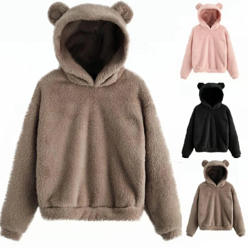 Autumn Winter Women's Hoodies Winter Women Long Sleeve Rabbit Ear Hood Sweatshirt Cute Plush Warm Casual Hoodie Tops - Matrix Studios