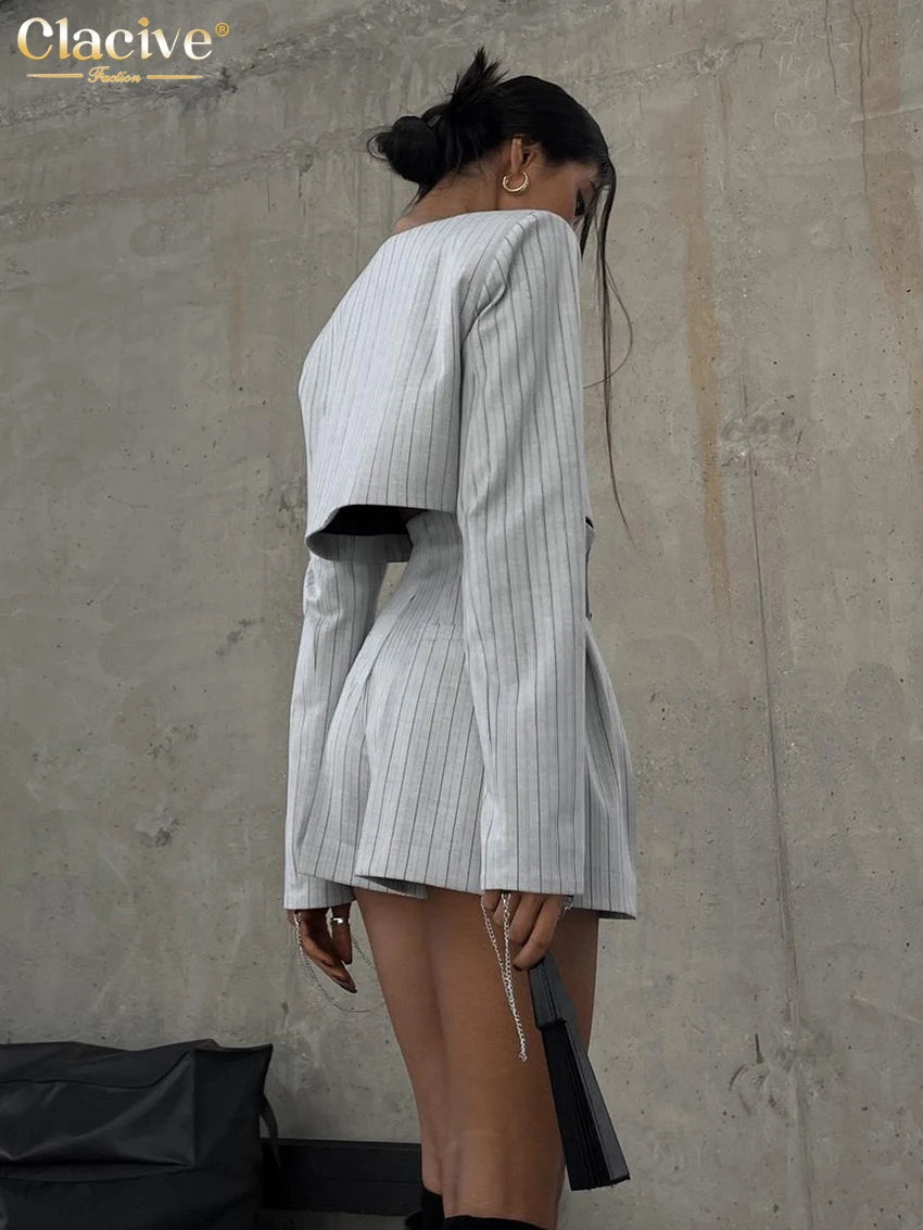 Clacive Fashion Stripe Print 2 Piece Sets Women Elegant Slim Long Sleeve Irregular Top With High Waist Shorts Set Streetwear - Matrix-studios.com