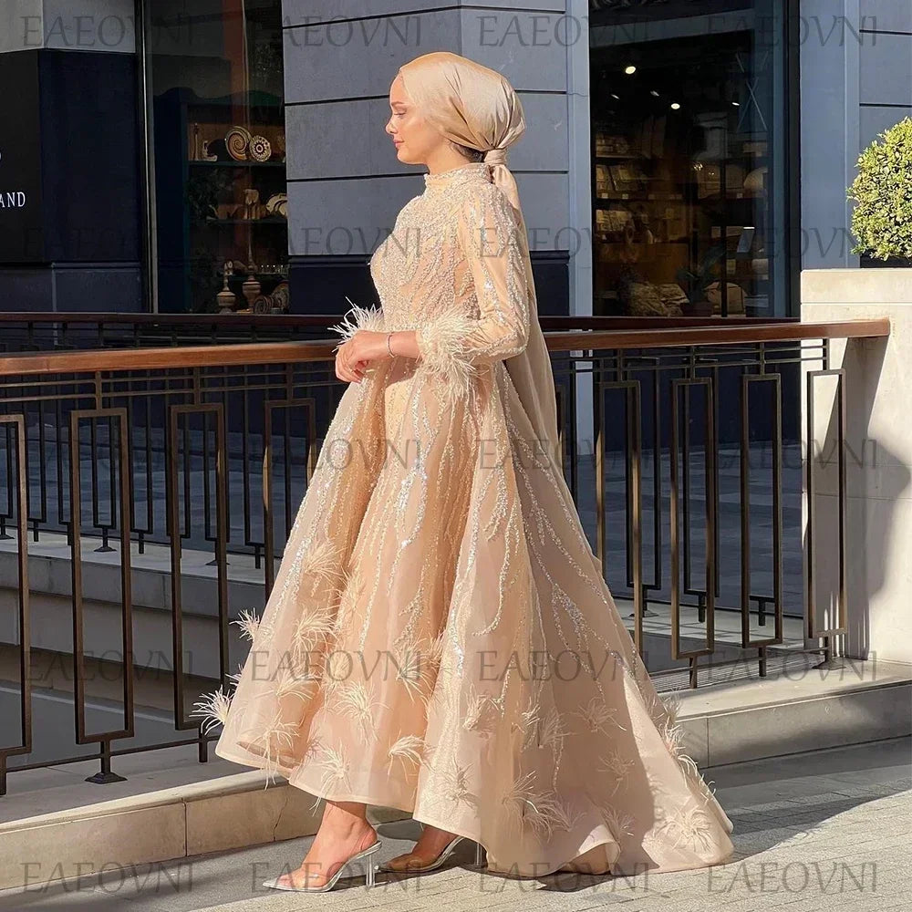 Customized Long Sleeve Feathers High Low Prom Gown Temperament Middle Eastern Dress Lace Evening Muslim Clothing Party Dresses - Matrix Studios