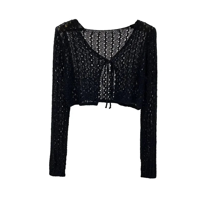 Women Tie Front Crop Cardigan Sheer Openwork Crochet Knit Top Lightweight Bolero Sweater Summer Fairycore Boho Chic Beach Outfit - Matrix Studios