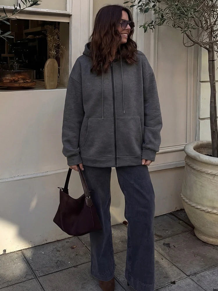 HH 2026 Casual Women's Soild Zipper Hoodie Long Sleeve Big Pocket Zipper Jacket With Hood Female Loose Outerwear Coat Tops - Matrix-studios.com