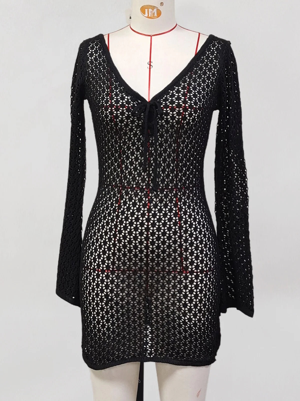 V Neck Long Sleeve Hollow Out Crochet Knitted Tunic Beach Cover Up Cover-ups Beach Dress Beach Wear Beachwear Female Women V6081 - Matrix Studios