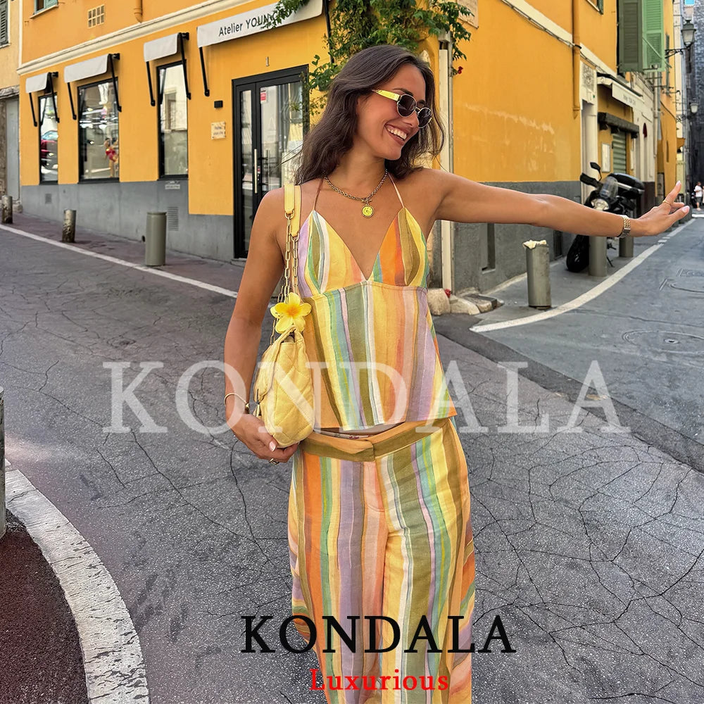 KONDALA Sweet Casual Women Pants Suit Stripe Sleeveless Backless Halter Top Long Zipper Pants Fashion 2026 Summer Fall Boho Suit - Matrix-studios.com