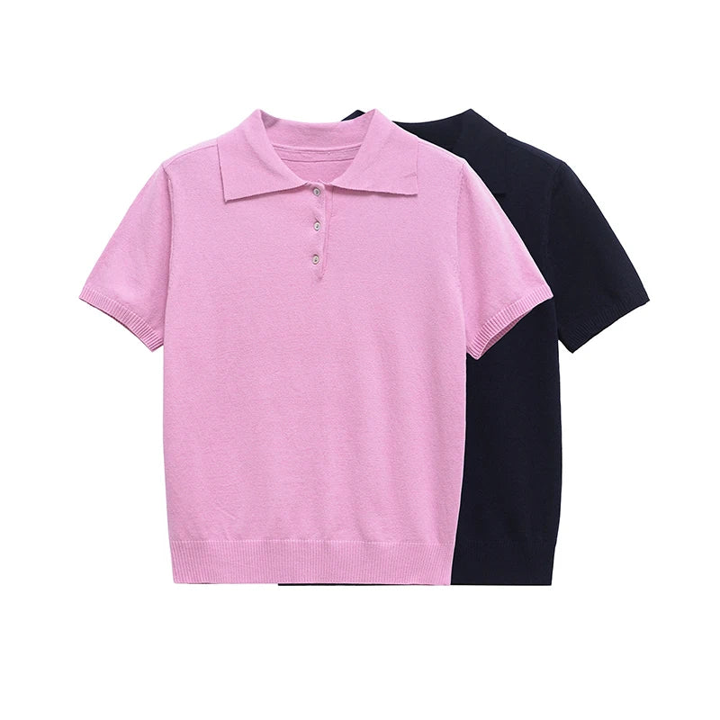 YENKYE New 2025 Women Basic Jersey Polo Collar T Shirt Short Sleeve Front Button Rib Trim Tees Spring Summer Crop Top - Matrix-studios.com