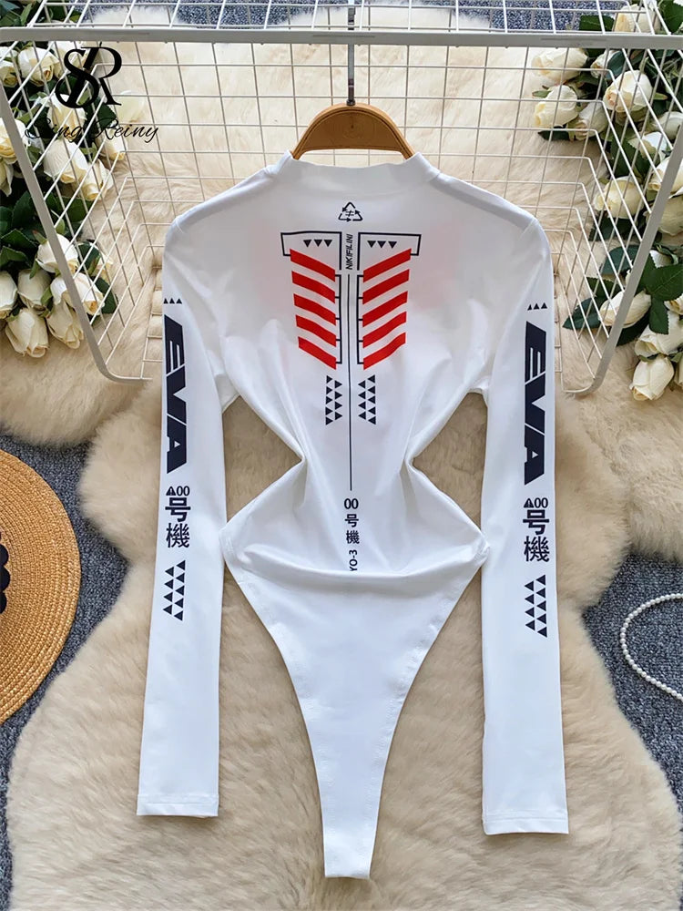 SINGREINY Autumn Long Sleeves Bodysuits Female O Neck Moto Biker Slim Top Streetwear Open Crotch Hotsweet Print Playsuits - Matrix Studios