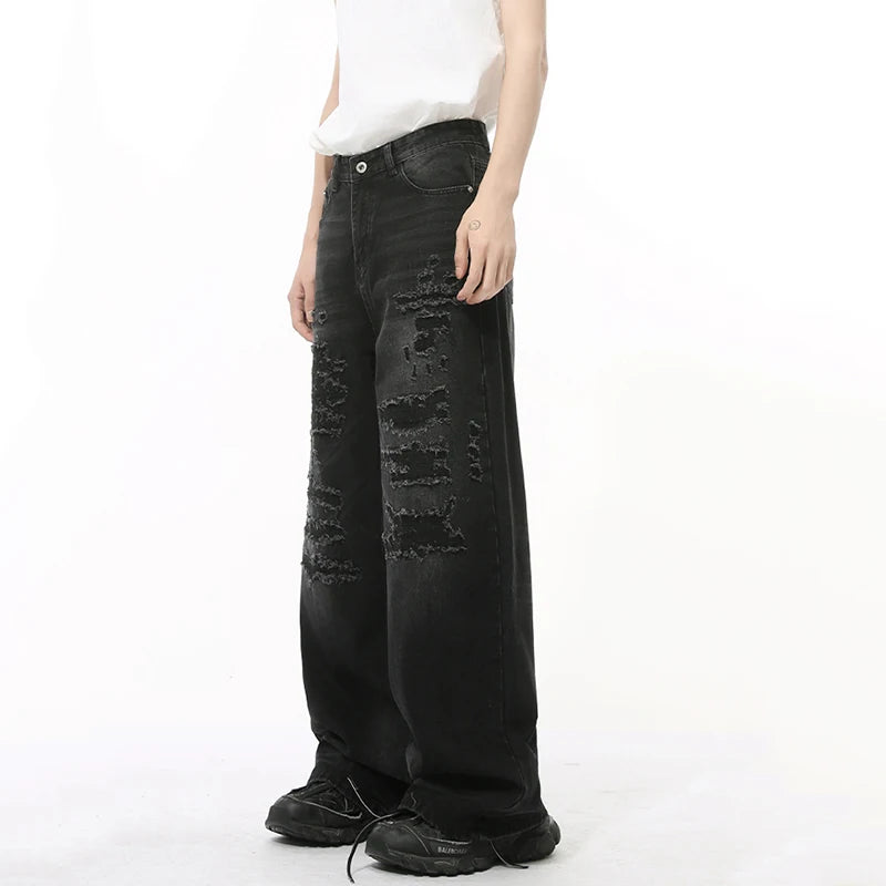 IEFB High Street Men's Denim Pants Hole Worn-out Streetwear Trousers Straight Wide Leg Casual Male Jeans New Autumn 2024 9C8513 - Matrix Studios