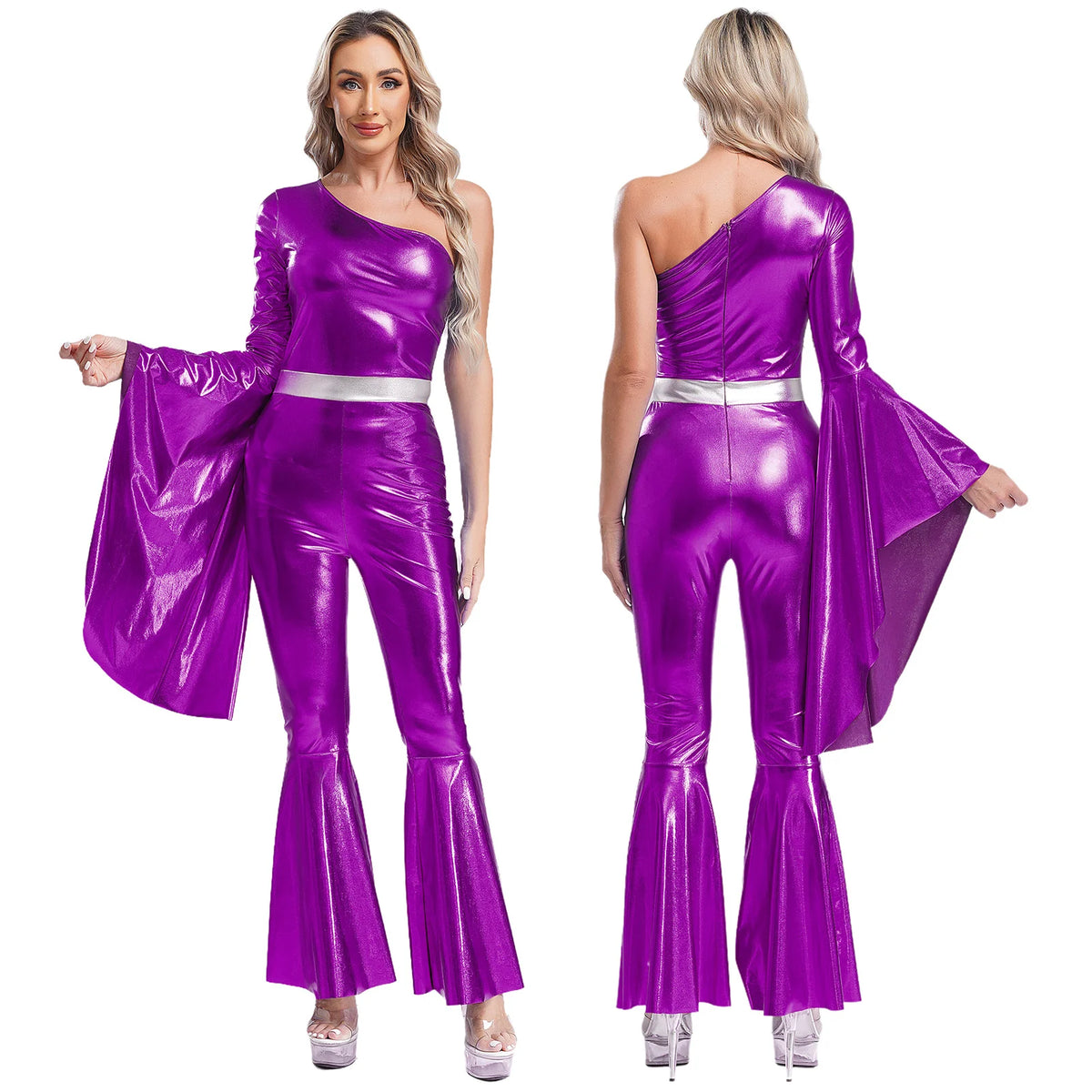 Women Vintage One Piece 70s Disco Dance Rompers Sleeveless Metallic Bell Bottom Flared Pants Jumpsuit for Retro Party Jazz Dance - Matrix Studios