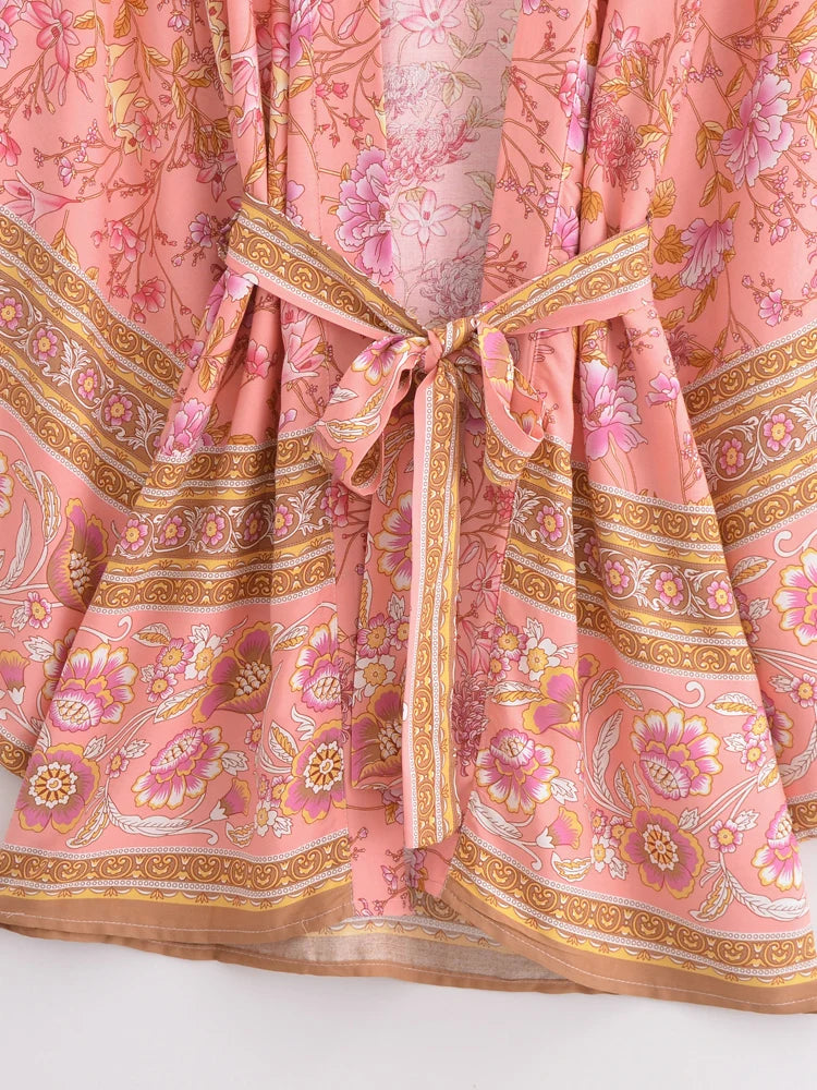 Boho Queens Multi Floral Print Sashes Short Kimono Women Bohemian V Neck Batwing Sleeves Rayon Robe Beach Bikini Cover-up - Matrix Studios