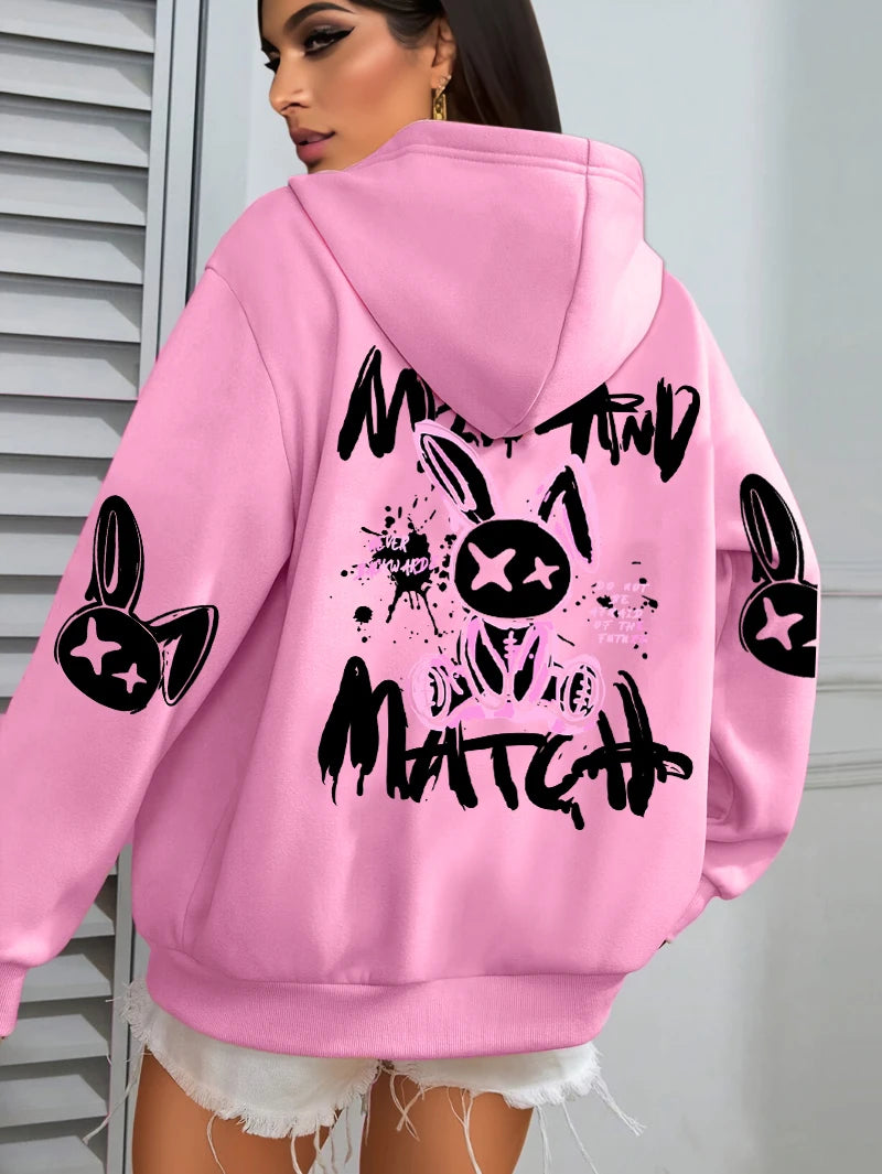 Mix And Match Cartoon Rabbit Prints Women Hoodie Pocket Streetwear Harajuku Loose Hoody All-Match Fleece Female Clothing - Matrix Studios