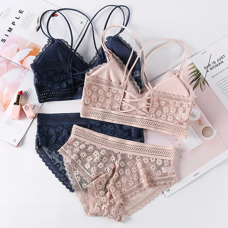 Women Lace Bra And Briefs Set Backless Bralette Solid Color Underwear Wireless Lace Bra Top Sexy Lingerie Set Female Intimates - Matrix-studios.com
