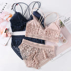 Women Lace Bra And Briefs Set Backless Bralette Solid Color Underwear Wireless Lace Bra Top Sexy Lingerie Set Female Intimates - Matrix-studios.com