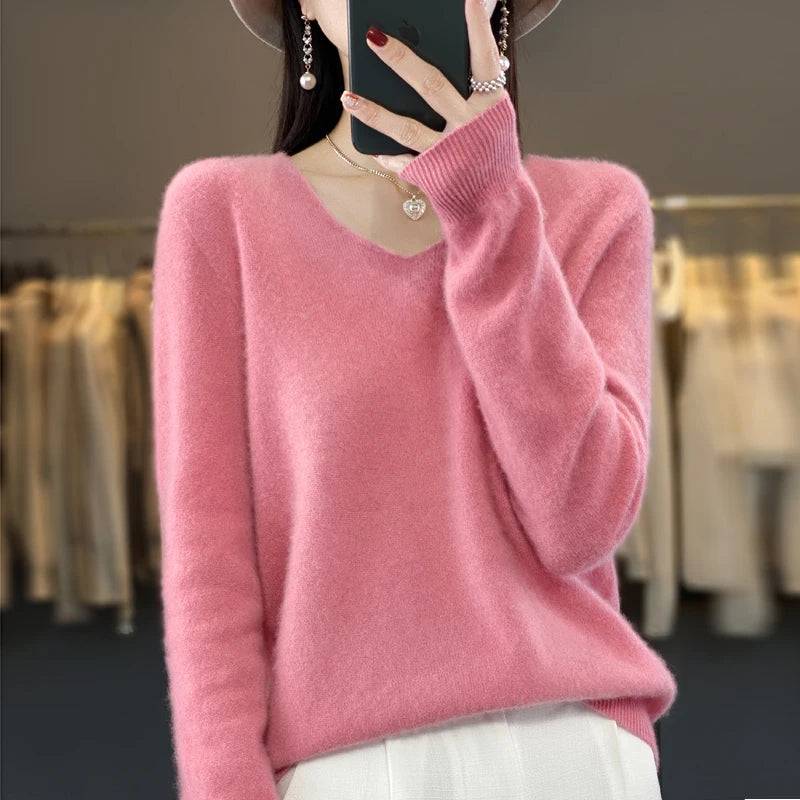 100% pure wool cashmere sweater women's V-neck pullover casual knit top autumn and winter women's coat Korean fashion - Matrix Studios