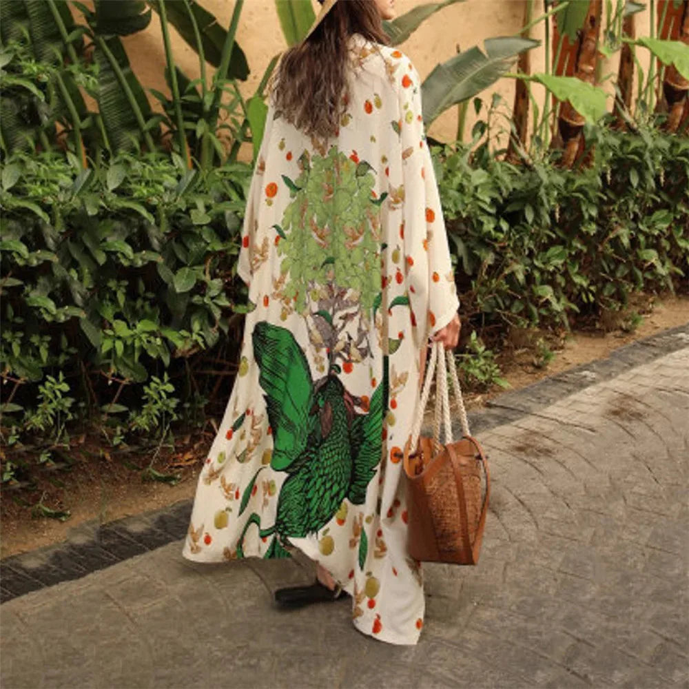 Bird Flower Print Kaftans for Woman Tunicas Femininas Beach Cover Up 2026 Summer Maxi Beach Wear Outfits Kaftan Dresses Womens - Matrix Studios