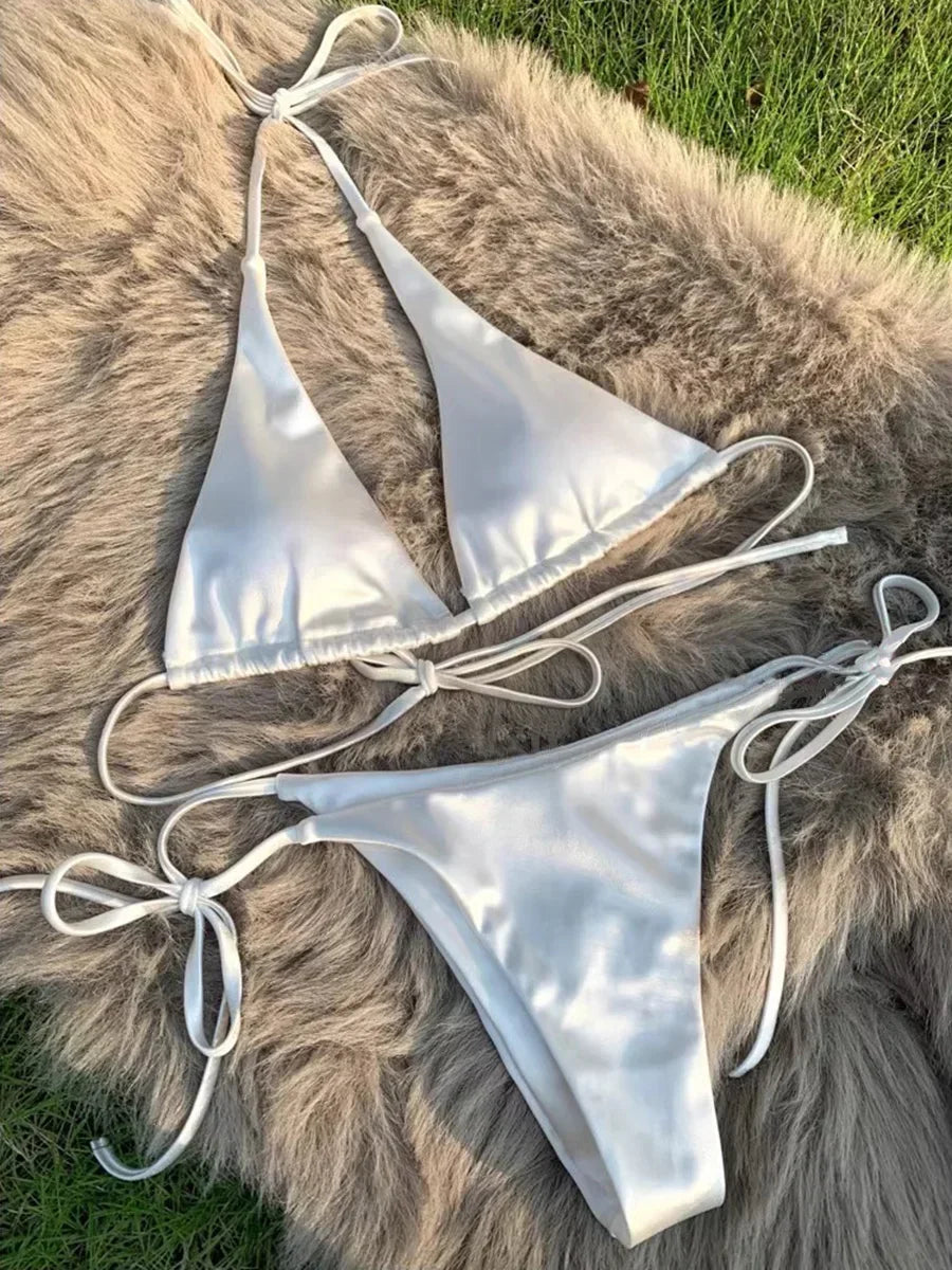 Halter Brazilian Metallic Satin Bikini Women Swimwear Female Swimsuit Two-pieces Bikini Set High Cut Bathing Suit Swim Beachwear - Matrix-studios.com