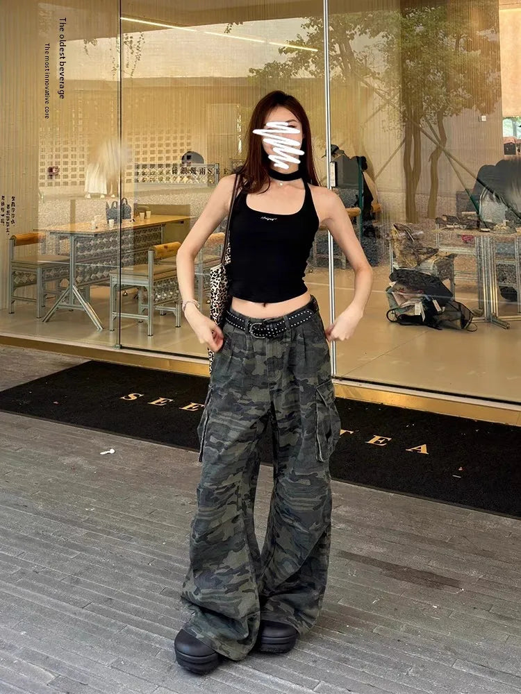 plus Size American Retro Camouflage Casual Work Pants Women's Loose Wide Leg Jeans Autumn New Sle High Waist Zipper Closure - Matrix-studios.com