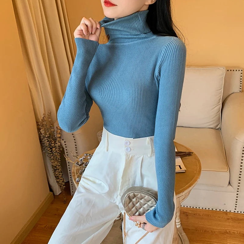 2026 Autumn Winter Women Long Sleeve Knitted Foldover Turtleneck Ribbed Pull Sweater Soft Warm Femme Jumper Pullover Clothes - Matrix Studios