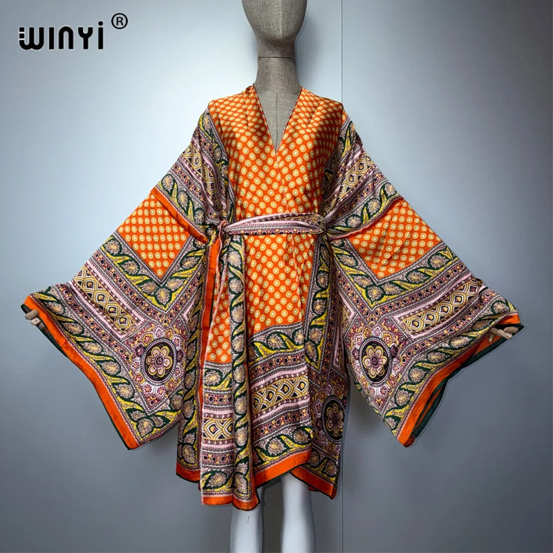 WINYI kimono beach outfits women Swim Suit Cover up boho Cardigan stitch Self Belt Holiday long Sleeve coat holiday kaftan coat - Matrix Studios