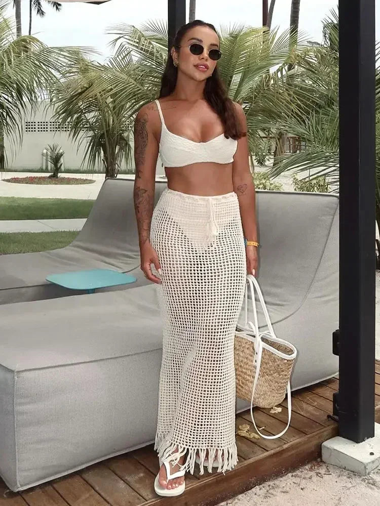 Sexy Summer Knit Cut Out Beach Half Skirt Women Chic Drawstring Fringed Casual Wrap Skirts 2026 Pool Party Swimwear Cover Up K50 - Matrix Studios