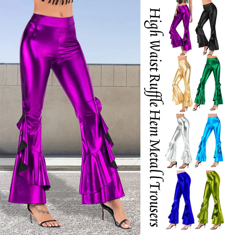 Women Shiny Flare Trousers Metallic Bell Bottoms Ruffle Wide Leg Pants Retro 70s Retro Disco Costume Stage Prom Club Trouser