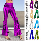 Women Shiny Flare Trousers Metallic Bell Bottoms Ruffle Wide Leg Pants Retro 70s Retro Disco Costume Stage Prom Club Trouser