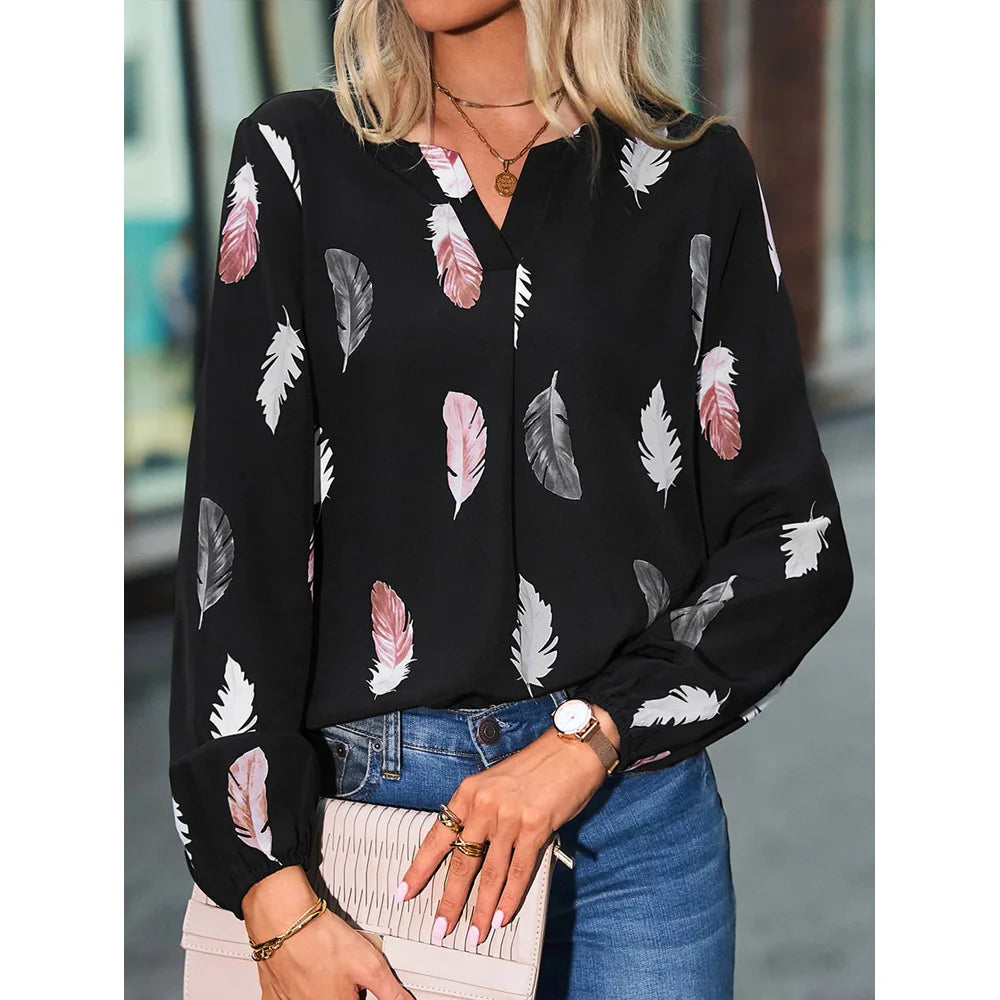 Fashion Woman Blouse Shirts For Women Stylish Top long Sleeve Feather Pattern Female Tops Elegant Chiffon Mujer Woman Clothes - Matrix-studios.com