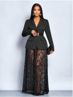Women's Lapel Long Sleeve Blazer Matching Maxi Skirt Outfit For Street Evening Party Daily Fashion Occasions