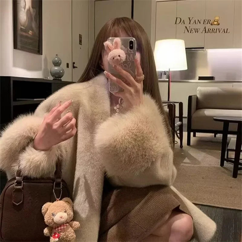 2026 Imported Velvet Mink Fur Coat With Mink Fur Collar,Temperament  Medium Length Fur Jacket Women - Matrix Studios