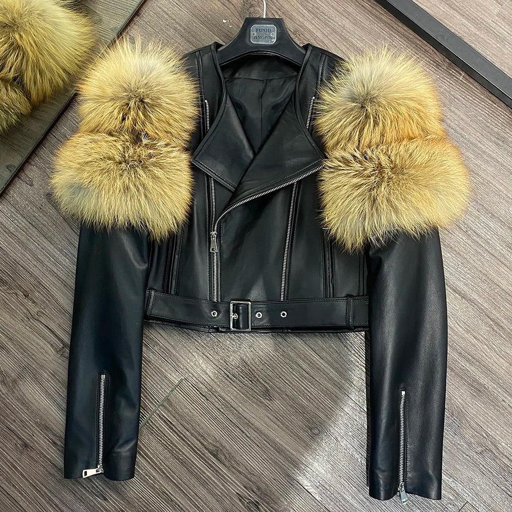 GO BALLISTIC YA Ladies' Genuine Leather Jacket with Fur Sleeve Women's Natural Lambskin Outfit - Matrix Studios