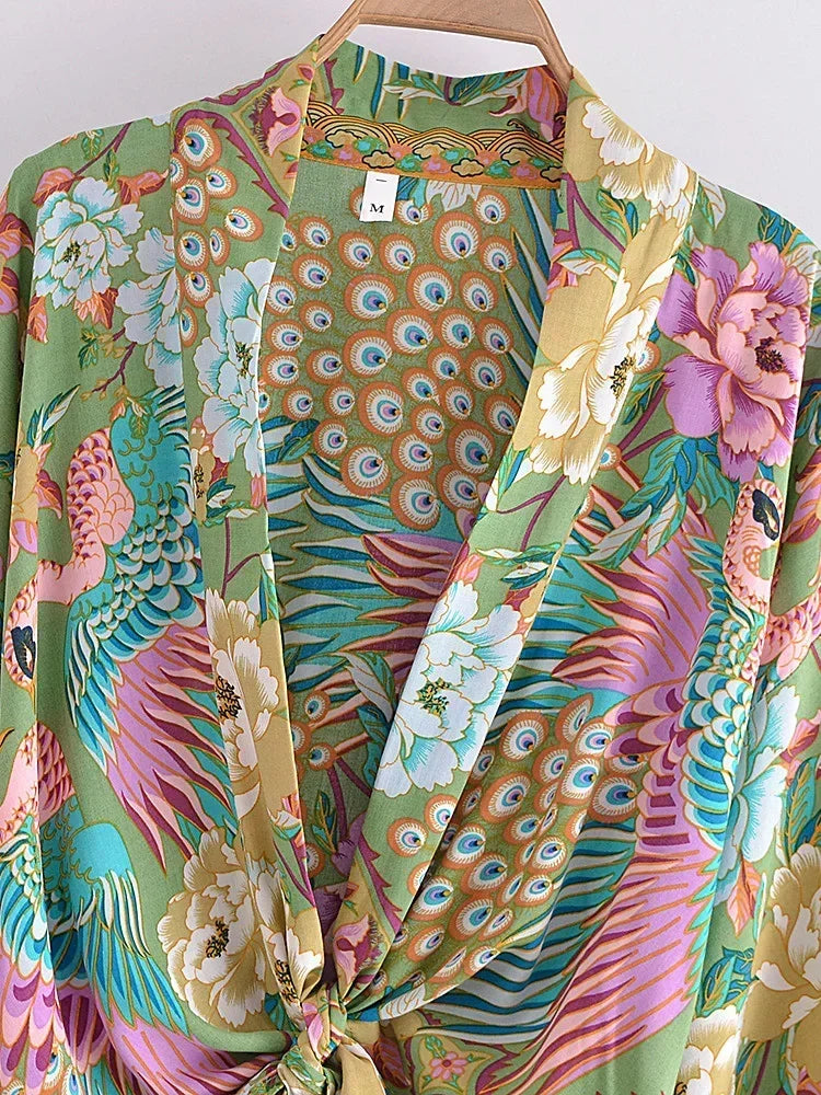 Boho Queens Peacock Short Robe Kimono Swimsuits Women Fashion Floral Batwing Sleeves Rayon Bohemian Bikini Cover Ups Beachwear - Matrix Studios