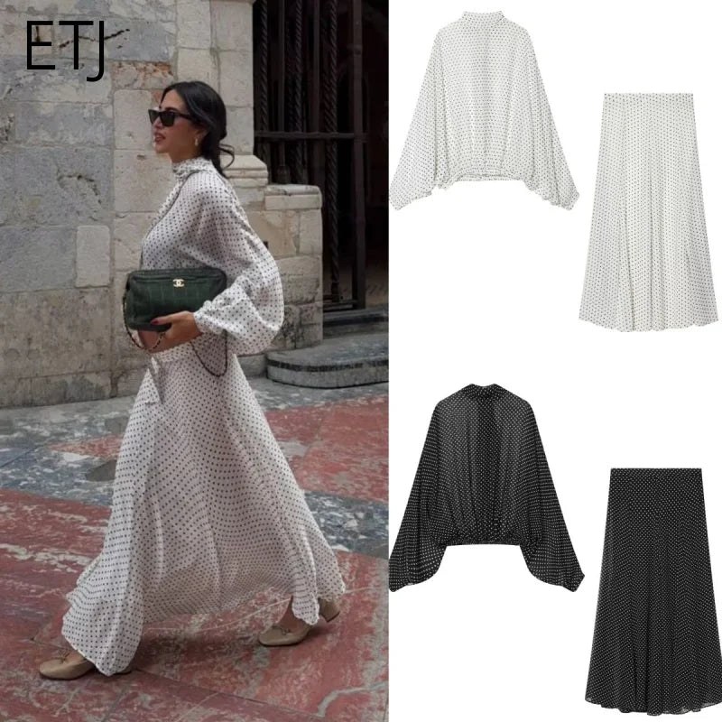 ETJ Women's Polka Dot Blouse Skirt Set 2026 Spring High Neck Batwing Sleeve Sheer Front Tie Bow Midi A-Line Dress Set - Matrix-studios.com